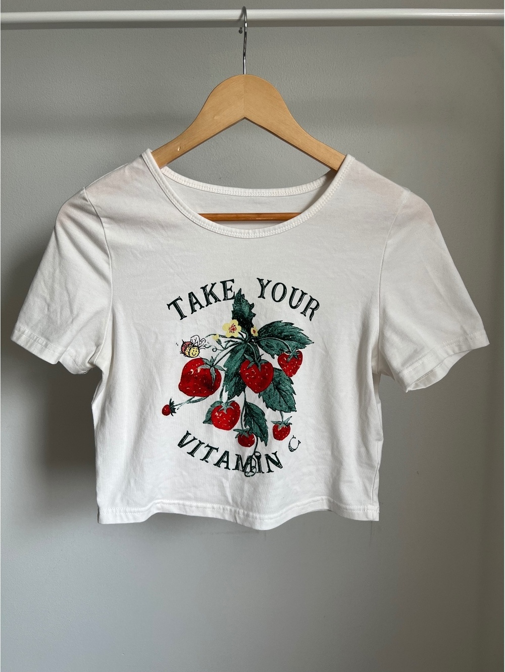 Women’s Strawberry Graphic Crop Top White “Take Your Vitamin C” Baby Tee